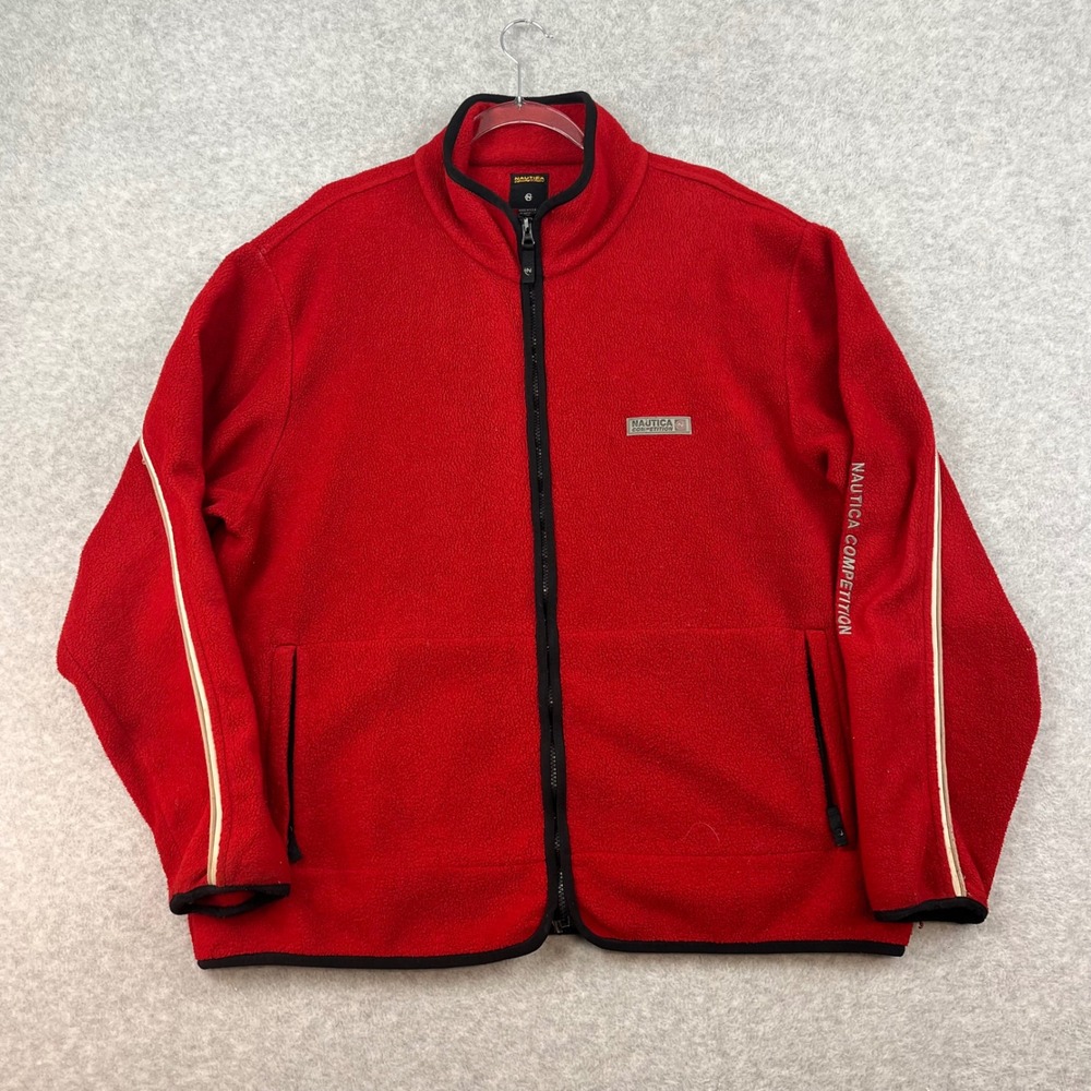 Vintage y2k Red Nautica Competition Red Fleece Sweatshirt Jacket Full Zip Stripe